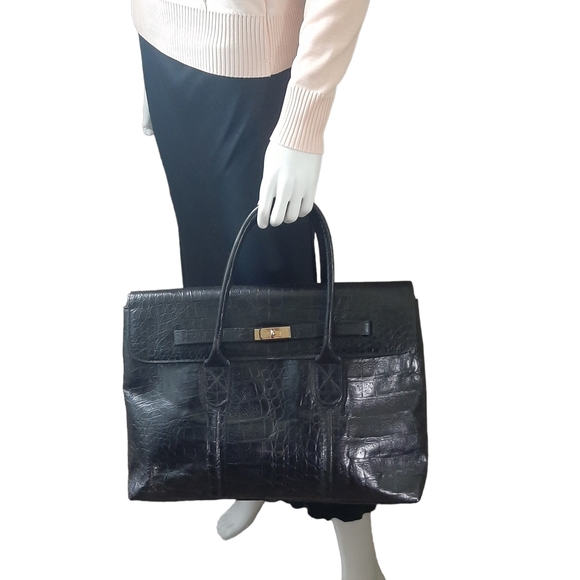 BOL-PERDIX Croc Embossed Leather Flap Front Large Satchel Black - Picture 2 of 12